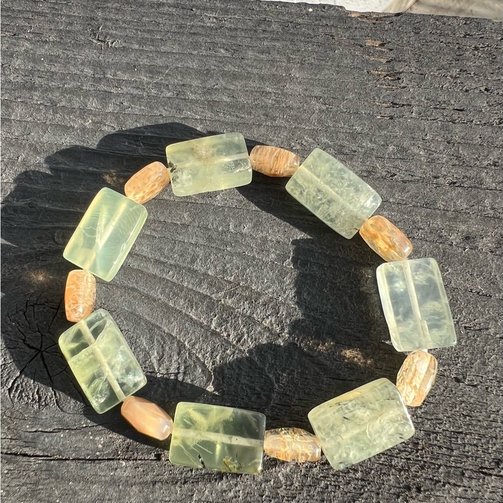 Large Chunky Green Prehnite & Quartz Genuine Gemstone Bracelet Rectangle Stone